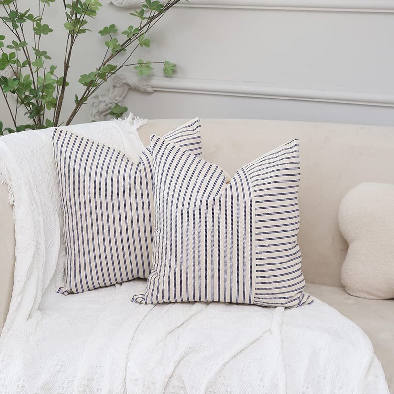Hckot Navy Blue and Beige Patchwork Farmhouse Throw Pillow Covers 18 x 18 Inch  Pack of 2 Striped Linen Decorative Pillow Case for Sofa Couch Chair Bedroom Modern Decor(Navy Blue) - Image 2